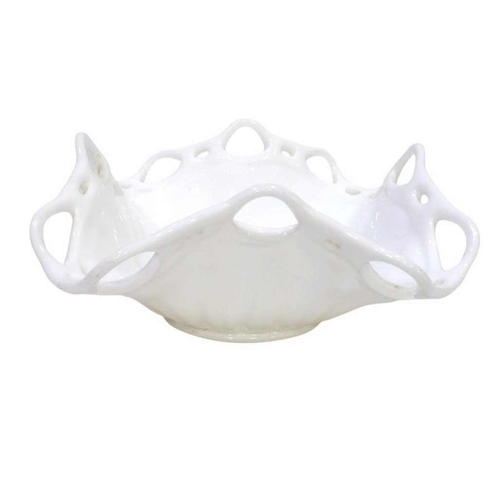 Vintage White Milk Glass Lace Edge Bowl Square Openwork Reticulated Rim 9 Inch